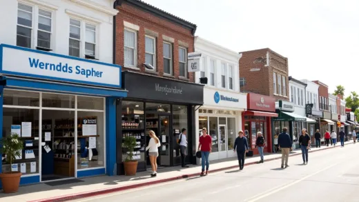 A bright, hopeful image of a bustling small business street, with diverse shop fronts and happy customers, hinting at economic growth and government support.