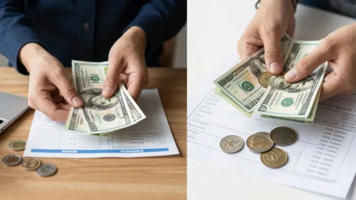 A person's salary falling into a stagnant bank account, contrasted with another person's money actively flowing through dynamic financial instruments.