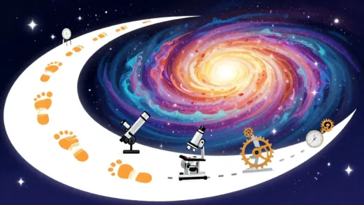 A vibrant, stylized illustration showing a timeline extending from ancient human footprints to a swirling galaxy, with various scientific instruments (telescope, microscope, clock gears) subtly integrated, symbolizing the continuous unfolding of history through scientific discovery. Bright and engaging.