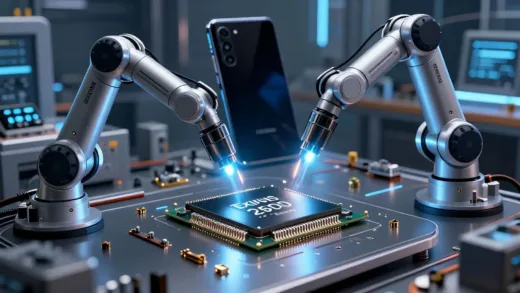 A futuristic factory floor with robotic arms assembling tiny, glowing computer chips. In the foreground, a detailed Exynos 2600 chip with "Samsung Foundry" etched on it, set against a backdrop of a sleek Galaxy smartphone. The overall mood is innovative and high-tech, with a hint of anticipation and revival.