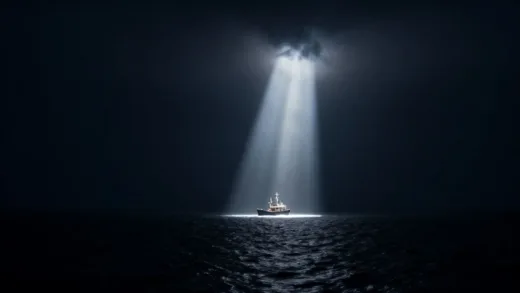 A dramatic image of a dark ocean with a single, powerful beam of light piercing through, symbolizing the ocean's warning and the spotlight on illegal fishing practices. The light should be a stark contrast to the surrounding darkness.