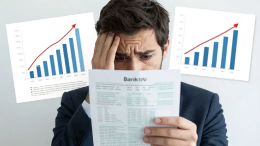 A person looking worriedly at their bank statement, surrounded by graphs showing rising interest rates, in a modern, slightly anxious style.