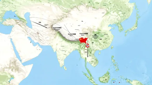 Dynamic map of East Asia with arrows showing shifting alliances between South Korea, China, and Japan, highlighting economic and diplomatic changes.