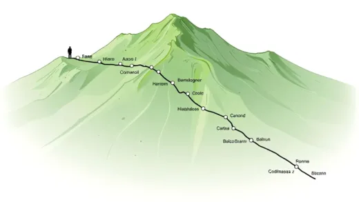 A detailed map of a mountain trail with different elevation markers, showing a clear path to the summit, with a small figure at the beginning looking determined.