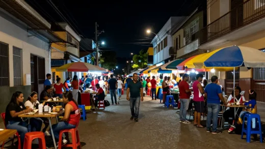 A bustling street scene in El Salvador at night, showing people enjoying outdoor activities and markets, with a sense of safety and vibrancy, contrasting with past dangerous times. Modern urban photography style.
