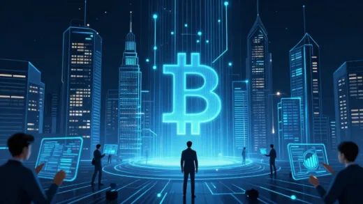 A thought-provoking image of a futuristic digital cityscape with blockchain lines, a subtle bitcoin logo, and people engaging with digital assets, evoking a sense of civilizational shift.