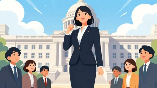 A dynamic illustration of a confident Japanese female politician, possibly Takachi Sanae, standing against a backdrop of the Japanese Diet building, with young, diverse Japanese people looking up to her with admiration. The style should be modern and energetic, emphasizing breaking traditional molds.