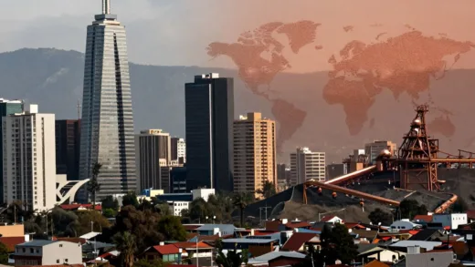A visually striking image depicting the paradox of Chile. On one side, modern, prosperous cityscapes of Santiago with tall buildings. On the other side, scenes of social unrest or less affluent areas, with a subtle overlay of a copper mine or copper-related industrial imagery, symbolizing its global importance. The mood should be thought-provoking and a bit tense.