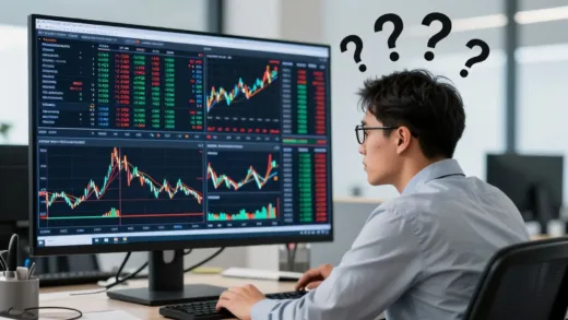 A confused investor looking at a screen full of complicated stock charts and various S&P 500 ETF names, with question marks floating around their head, in a modern office setting.