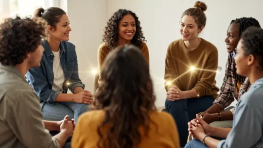 A warm, inviting image of diverse people engaged in conversation, with a subtle glow or light connecting them, symbolizing effective and meaningful communication. The atmosphere is friendly and encouraging.