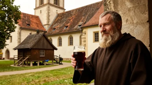 A warm, inviting image of an old European monastery with a small, traditional brewery visible in the background, perhaps a monk in the foreground holding a glass of dark beer.