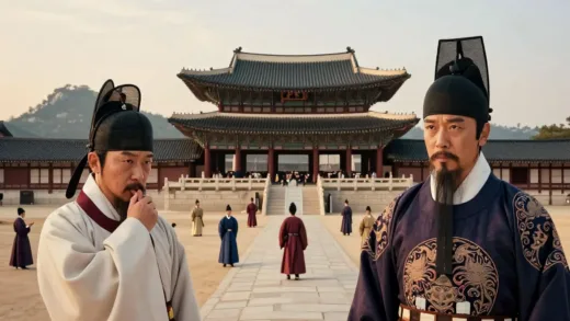 A grand, panoramic view of a Joseon Dynasty palace at dawn, with historical figures, including a thoughtful King Sejong and a determined Admiral Yi Sun-sin, subtly superimposed in various historical scenes, symbolizing the intertwining threads of history and destiny.
