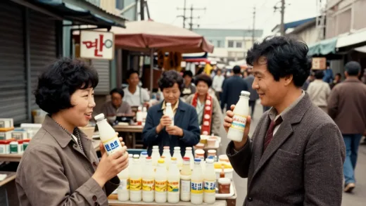 Vintage Korean market scene from the 1970s, people are smiling and holding early versions of banana milk. The atmosphere is nostalgic and warm, with subtle hints of industrialization.