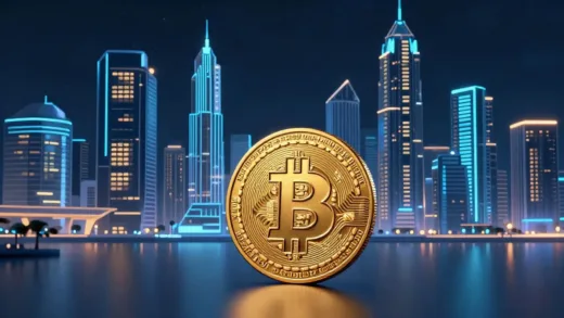A futuristic city skyline with digital elements, a golden bitcoin coin shining in the foreground, representing the blend of traditional finance and new digital assets.