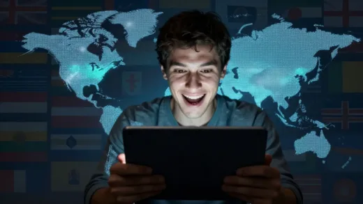 A person excitedly watching a movie on a tablet, surrounded by a subtle, glowing aura suggesting global content. The background is a mix of digital elements and faint, stylized country flags.
