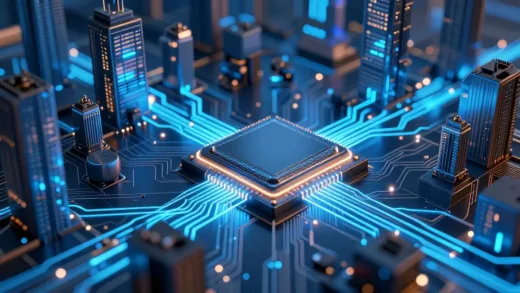 A futuristic cityscape made of interconnected microchips, with glowing data lines flowing through, symbolizing the AI technology revolution and its impact on the semiconductor industry.