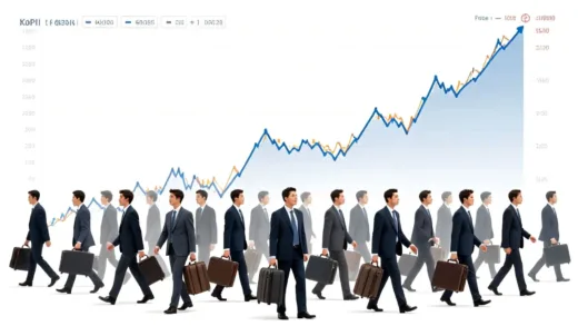 A stock market chart showing a rapidly rising KoSPI index, but with a transparent layer showing a large group of foreign investors quietly exiting the market with suitcases. The mood is celebratory on the surface but cautious underneath.