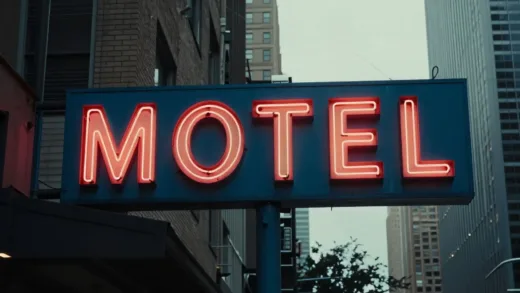 A thought-provoking image of a modern city street with a subtly fading neon motel sign, hinting at change and transformation.