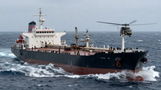 Dramatic scene of a large oil tanker in the vast, stormy Atlantic Ocean, being boarded by military special forces descending from a helicopter. A faint, blurred Russian flag is visible on the ship's stern. The atmosphere is tense and action-packed, capturing the moment of a high-stakes maritime seizure.