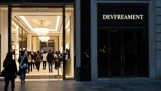 A split image showing a bustling luxury department store entrance with long lines on one side, and a dimly lit, closed department store entrance on the other, symbolizing economic polarization in retail.