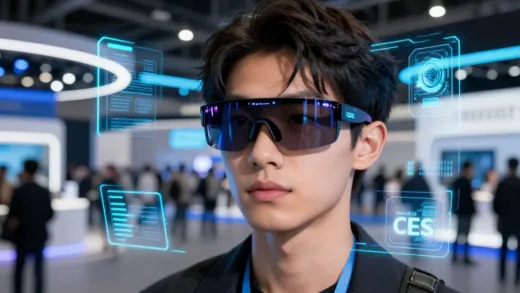 A vibrant, futuristic image of a person wearing sleek smart glasses, with glowing digital interfaces overlaid on a bustling CES exhibition floor background, emphasizing innovation and connectivity.