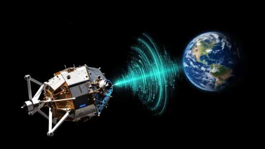 A futuristic image of the Voyager probe in deep space, sending binary code signals towards a distant Earth, represented by glowing data streams.