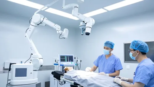 A futuristic operating room with a multi-armed surgical robot assisting doctors. The room is brightly lit and sterile, showing advanced medical technology and human collaboration. Focus on the robot's presence as a key element.