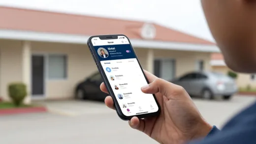 A person gazing at a smartphone displaying motel booking applications, with a faint background of a motel, subtly implying platform dependence. The image should convey a sense of modern digital reliance.