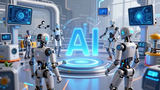 A vibrant and futuristic scene depicting various robots and AI-powered sensors interacting with the physical world, showcasing the concept of Physical AI. High-tech, dynamic, diverse industries.