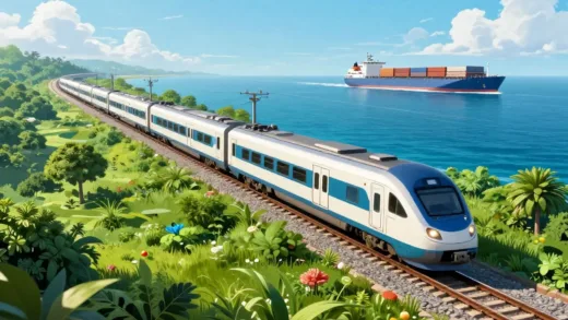 A vibrant, futuristic train emerging from a lush, green landscape, symbolizing a new path between two vast oceans, with cargo ships in the background.