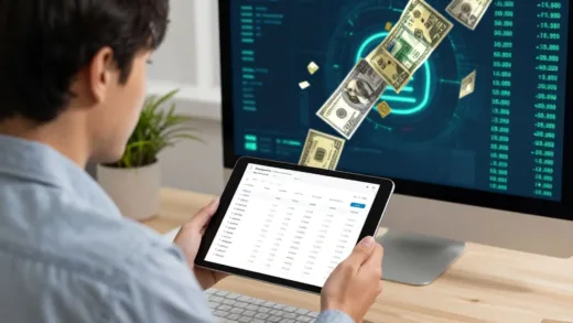 A small business owner looking thoughtfully at a tablet showing sales figures, with digital currency flowing away in the background, representing platform fees.