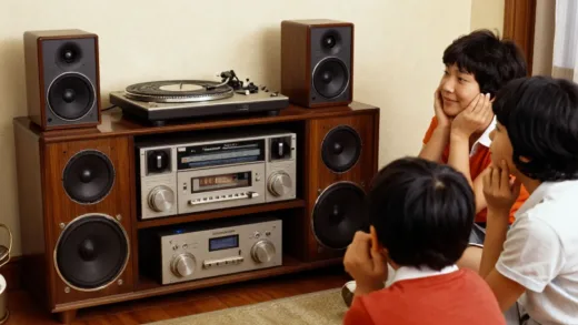 A vintage living room scene from the 1970s or 80s, featuring a large, impressive wooden Hi-Fi stereo system (called 'jeonchuk' in Korean) with a turntable, amplifier, and large speakers. A family is gathered around, listening to music with expressions of enjoyment and pride. The image should evoke a sense of nostalgia and quality.