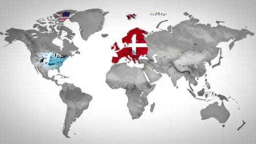 A dramatic world map with Greenland highlighted, showing geopolitical tensions, possibly with a faint image of a polar bear or icebergs, and flags representing US, Denmark, and Europe.