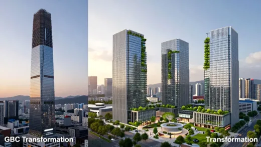 A split image showing a futuristic 105-story skyscraper on one side under construction and three modern 49-story buildings with lush green spaces and active public areas on the other, all set against a vibrant Seoul skyline at sunset, labeled "GBC Transformation".