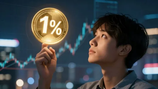 A young person looking optimistically at a glowing digital coin with a high percentage number, symbolizing a new, high-yield financial product. The background shows blurred financial charts and modern city lights, conveying hope and opportunity.