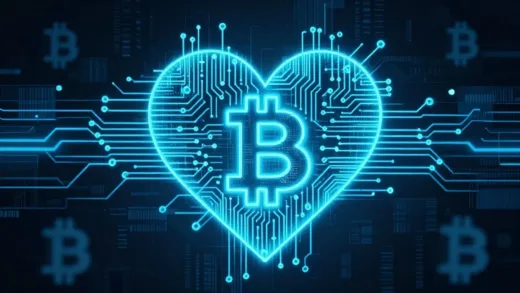 A stylized, glowing circuit board forming the shape of a heart, pulsating with digital energy, surrounded by abstract representations of Bitcoin symbols and data streams.