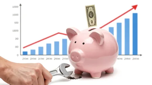 A visual representation of a piggy bank (symbolizing National Pension) slowly leaking money, with graphs showing rising exchange rates and falling pension returns in the background. In the foreground, hands are attempting to plug the leak with a wrench.