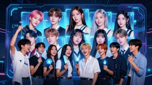 A vibrant, diverse group of young fans from around the world, some holding lightsticks, excitedly interacting on a glowing, futuristic digital platform screen that displays various K-pop artists. The platform name "Weverse" is subtly visible. The atmosphere is energetic and connected.