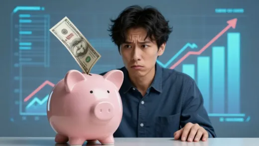 A person looking at a digital piggy bank with money flowing out, with charts showing high exchange rates and interest rates in the background, a worried but determined expression, futuristic, digital art, realistic.