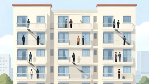 An illustrative apartment building with several floors, each representing a different asset bracket in South Korea. People are looking up or down from their respective floors, with some climbing stairs. The overall mood is aspirational and informative.