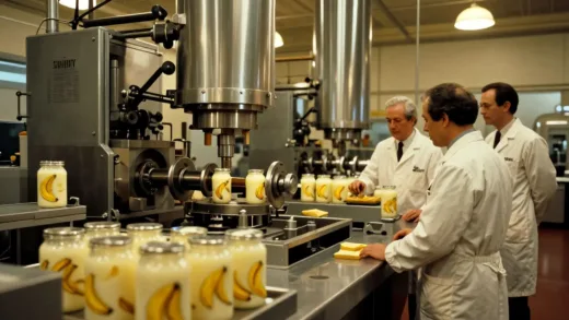 A retro-futuristic factory in the 1970s, producing banana milk jars, with engineers in white coats observing intricate machinery, soft yellow lighting, nostalgic atmosphere, focus on the unique two-part molding process.