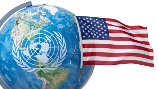 A fractured globe with the UN logo fading, and an American flag turning away, symbolizing a shift in global order.