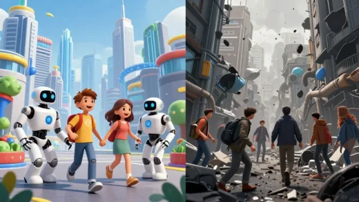 A split image: one side showing a utopian city with AI and robots serving happy people, the other side showing a chaotic, dystopian city with unemployment and social unrest.