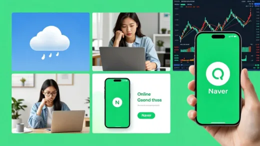 A vibrant montage illustrating daily activities like checking weather, online shopping, and using payment apps, all subtly featuring the Naver green color scheme, with a contrasting background showing stock market graphs.