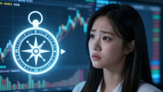 A woman (Minji) looking puzzled at a stock chart, with a glowing compass (representing financial statements) appearing in front of her.
