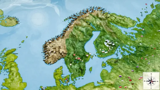 A dramatic map of the Arctic region with Greenland highlighted, showing geopolitical tension and strategic importance, maybe with a compass rose and national flags subtly incorporated.