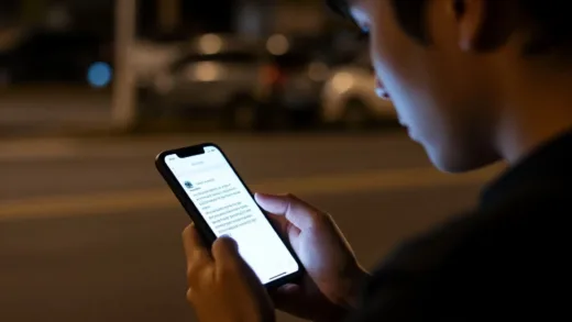 A person in their early 30s looking thoughtfully at their phone, which displays a message about a friend's house purchase. The background is slightly blurred, showing elements of an urban environment at night, suggesting sleeplessness and worry.