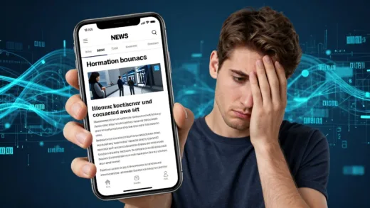A worried fan looking at a smartphone screen displaying a news headline about a data breach, with abstract data flowing in the background, symbolizing privacy concerns and digital information.
