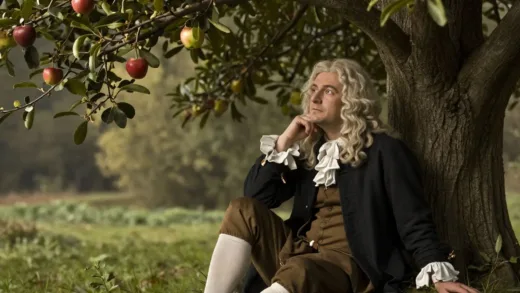 Isaac Newton is sitting under an apple tree, deep in thought, an apple gently falling from a branch nearby (not hitting his head). The scene is serene and intellectual.