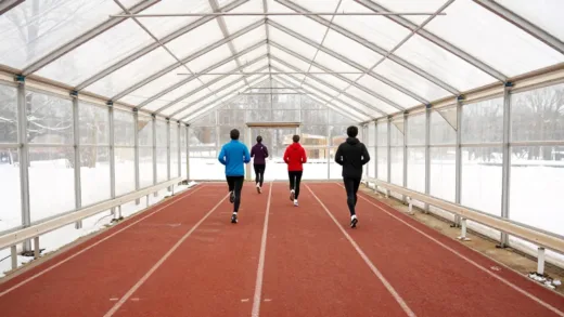 A cozy, brightly lit indoor running track made from a large vinyl greenhouse, with runners actively training inside, showing a vibrant and warm atmosphere contrasted with a snowy outdoor background.
